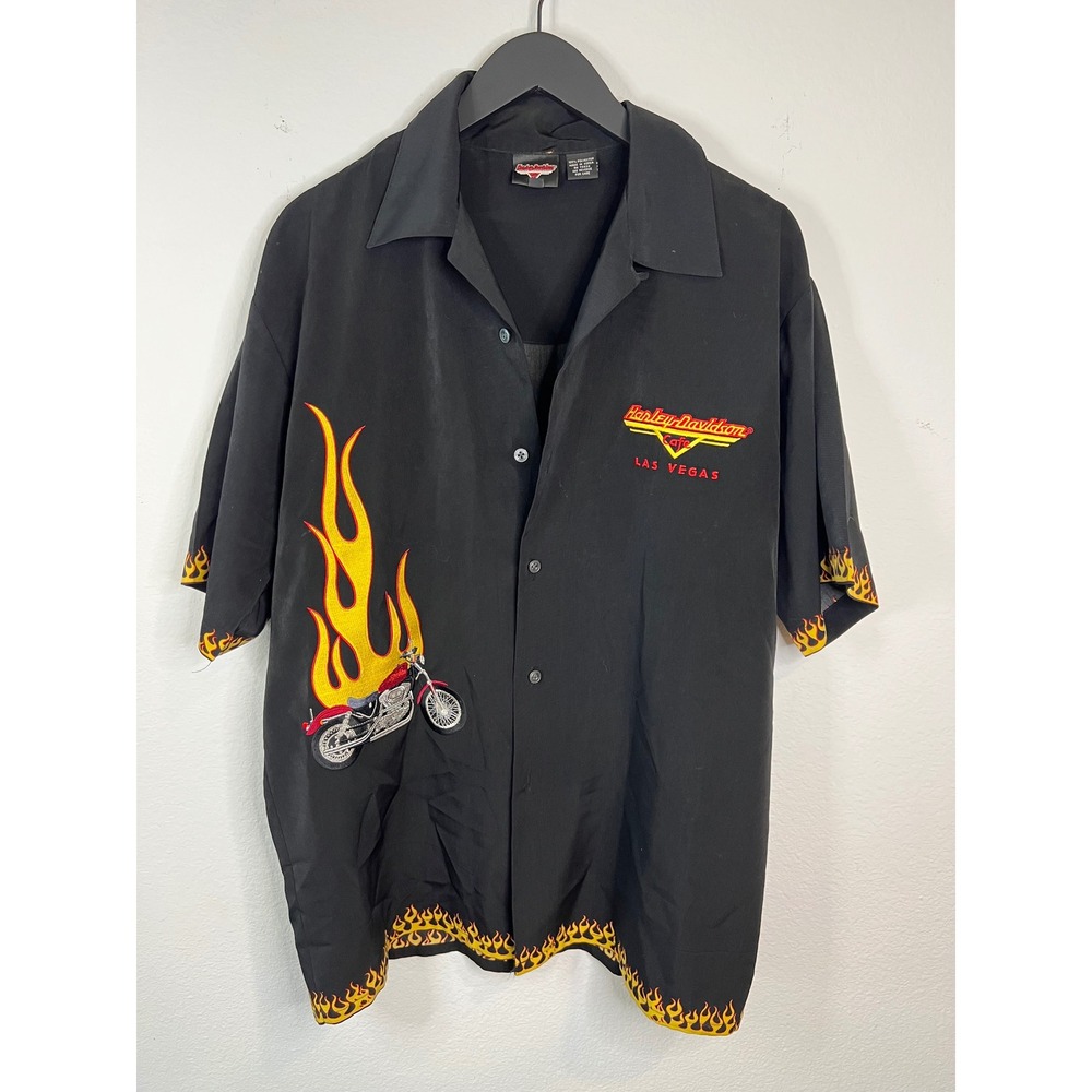 Harley-Davidson Mens Button Up Shirt Flame Graphic Las Vegas Black L